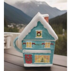 Potter's Studio Figural Christmas House Snow Ceramic Coffee Mug Wit Lid & Handle